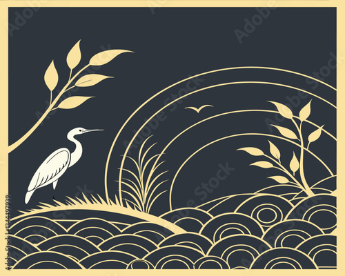 Luxury art deco background with gold minimalism wave and vector abstract modern and creative design. Water, wind, organic ornamental shapes, high-end Japanese-style patterns,