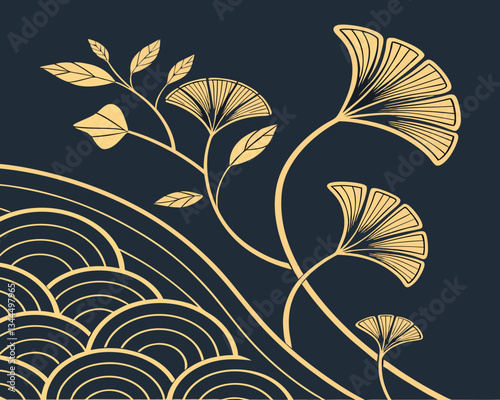 Vector abstract modern and creative gold minimalist wave, line luxury art deco background. Wind, water, organic shape ornament, premium japanese style pattern, 