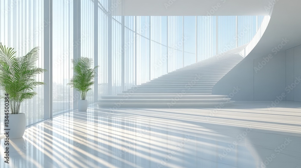 Obraz premium Modern white interior with curved staircase and panoramic windows