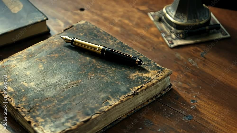 A worn-in journal lying on a wooden table with a fountain pen resting beside it. vibe