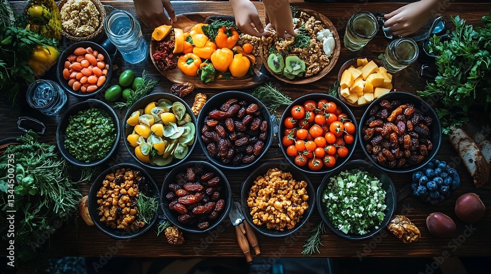 Fototapeta premium Healthy Buffet, Hands Serving Food