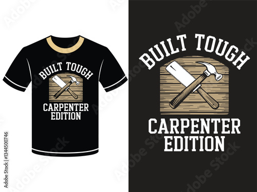 A black t-shirt design featuring crossed tools (saw and hammer) on a wood plank graphic, perfect for carpenters, handymen, or anyone who enjoys the trades