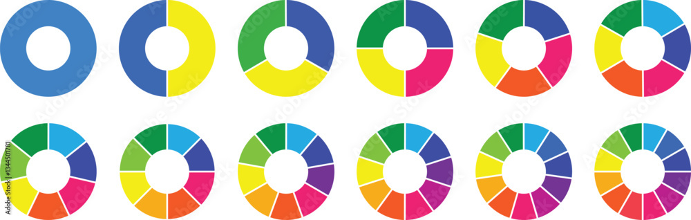 Circle pie chart diagram. Set of pie charts diagrams. Pie chart divided 2, 3, 4, 5, 6,7, 8, 9, 10, 11, 12. equal parts. Different color circles. Colorful diagram graphs. Circle section graph. Circle pie chart diagram. Set of pie charts diagrams. Pie chart divided 2, 3, 4, 5, 6,7, 8, 9, 10, 11, 12. equal parts. Different color circles. Colorful diagram graphs. Circle section graph.