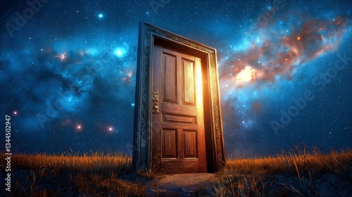 Solitary Wooden Door in an Empty Field Opening to a Vast Starry Sky – Surreal Symbol of the Unknown Future and Cosmic Exploration. Generative AI 