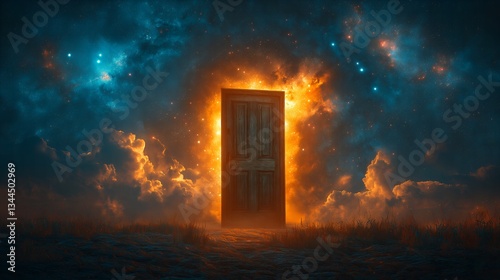 Solitary Wooden Door in an Empty Field Opening to a Vast Starry Sky – Surreal Symbol of the Unknown Future and Cosmic Exploration. Generative AI 