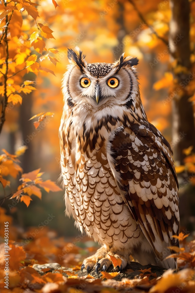 Fototapeta premium Majestic Long-Eared Owl in Vibrant Autumn Forest, Golden Fall Foliage Background, Stunning Wildlife Photography, Nature Conservation, Nocturnal Bird of Prey, Sharp Eyes, Perched on Rock