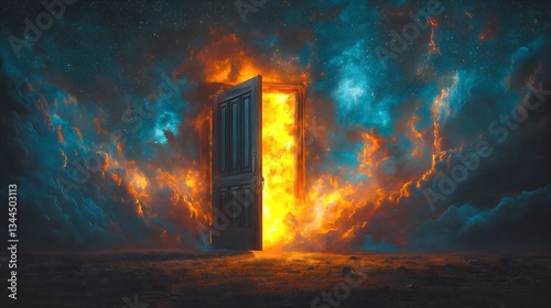 Solitary Wooden Door in an Empty Field Opening to a Vast Starry Sky – Surreal Symbol of the Unknown Future and Cosmic Exploration. Generative AI 