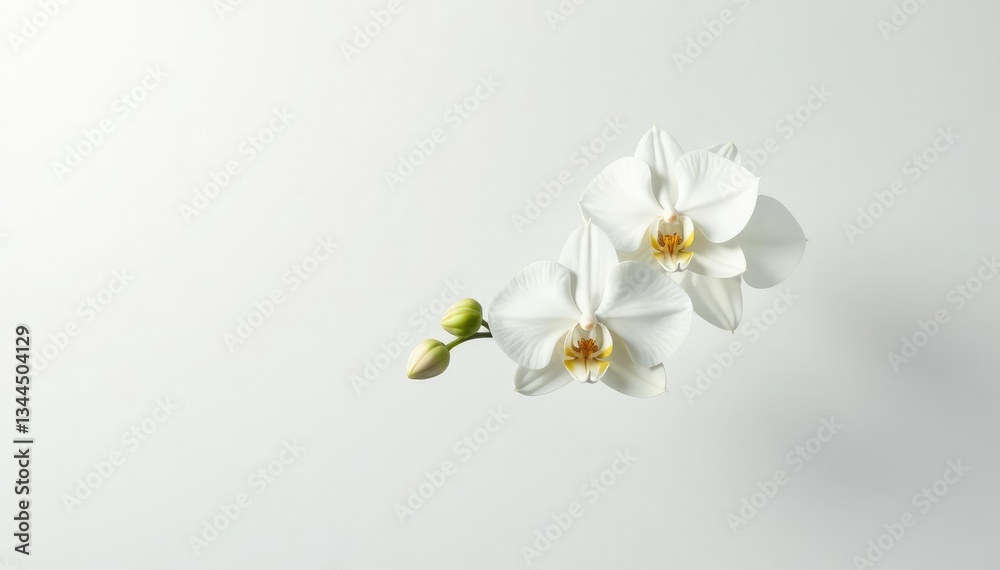 Delicate white orchid blossom on pure white backdrop, botanical illustration, delicate Delicate white orchid blossom on pure white backdrop, botanical illustration, delicate