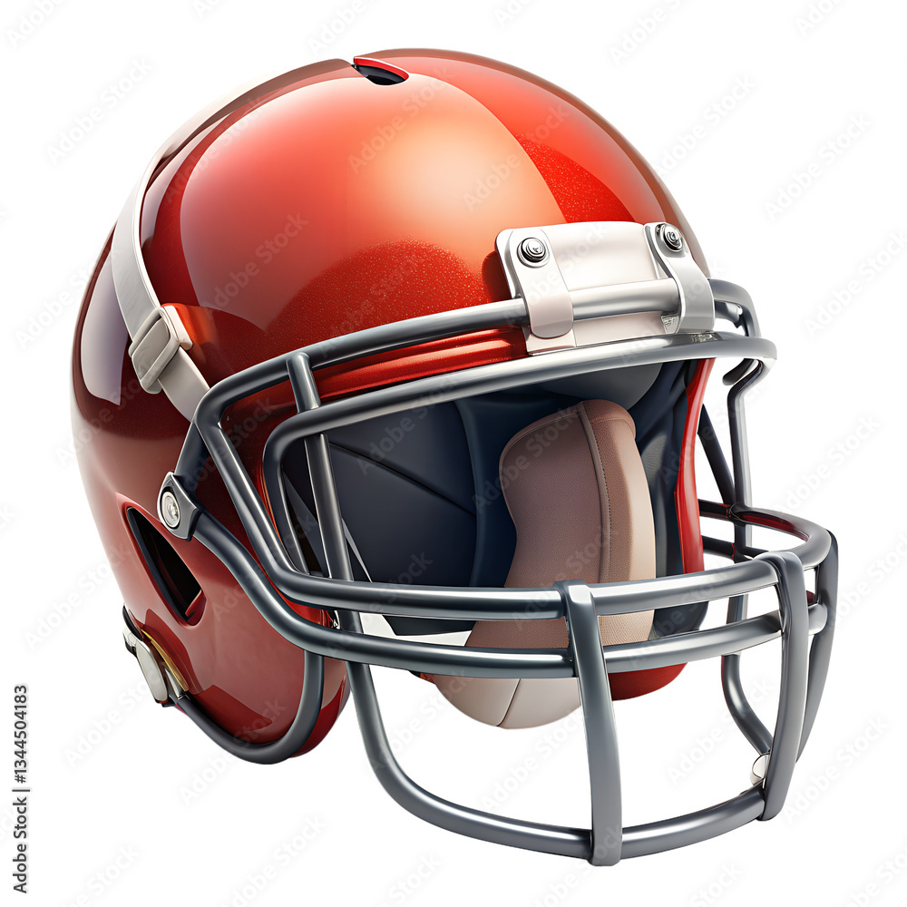 Fototapeta premium Red and blue American football helmet isolated on white background with protective gear for safety and sports