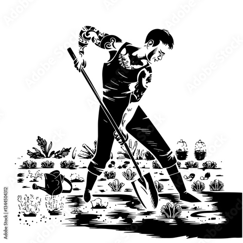 A man digs with a shovel in the vegetable garden. Vector comic doodle style vector drawing