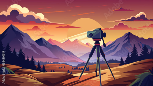 vector of professional camera placed on a tripod, capturing a sunset over the mountains