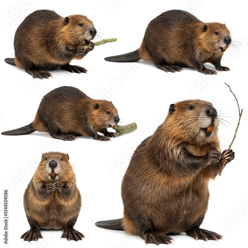 Adorable Beaver Collection: Cute Wildlife Set with Beavers Holding Sticks for Nature Enthusiasts and Educational Purposes