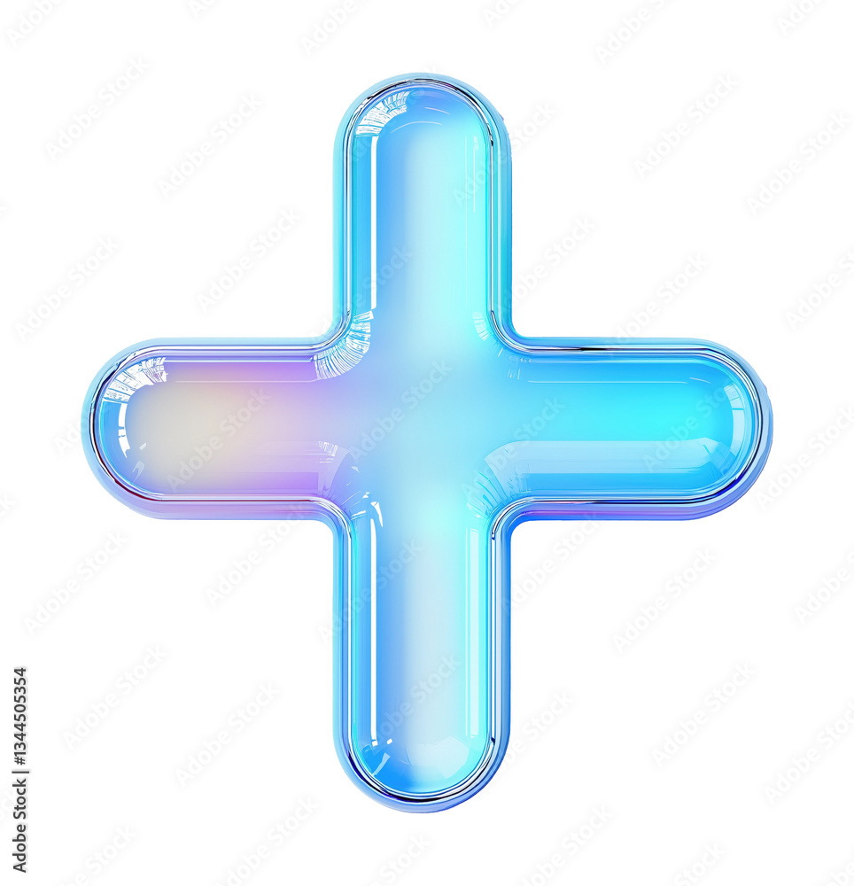 Futuristic glass plus symbol with holographic blue gradient transparent image. First aid emergency sign isolated cutout 3d render. Medical logo cut out clipart design element png