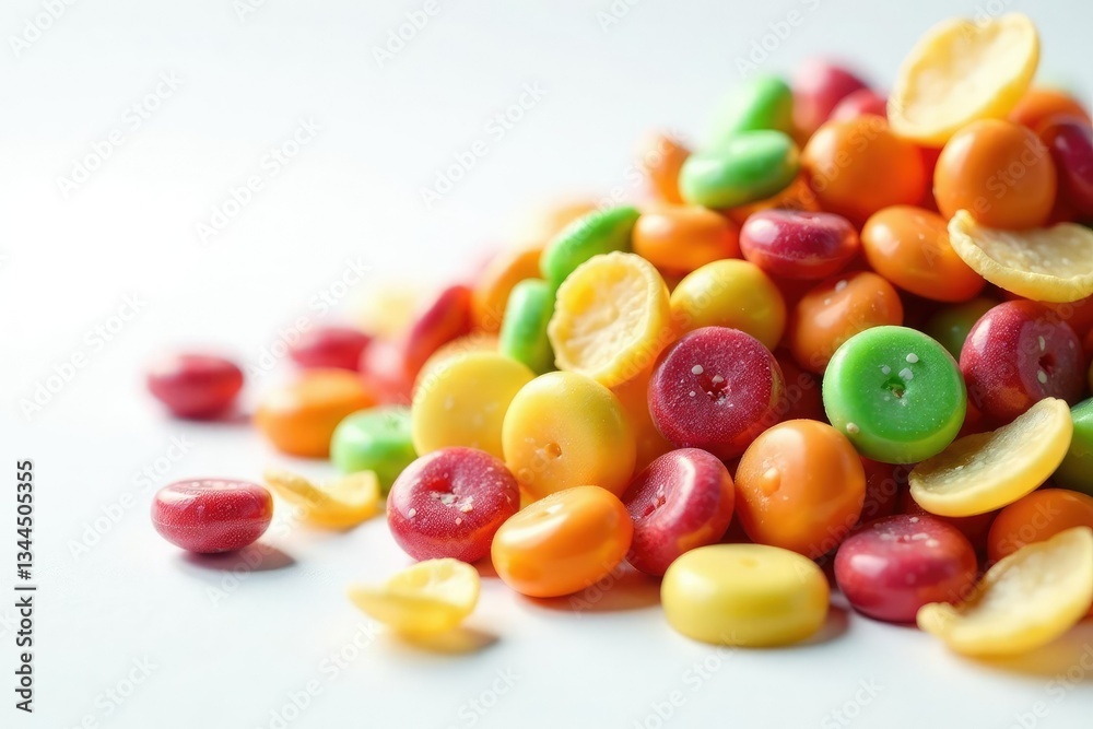Pile of colorful candy, chips, and soda on white , garbage food, white background, sweets Pile of colorful candy, chips, and soda on white , garbage food, white background, sweets