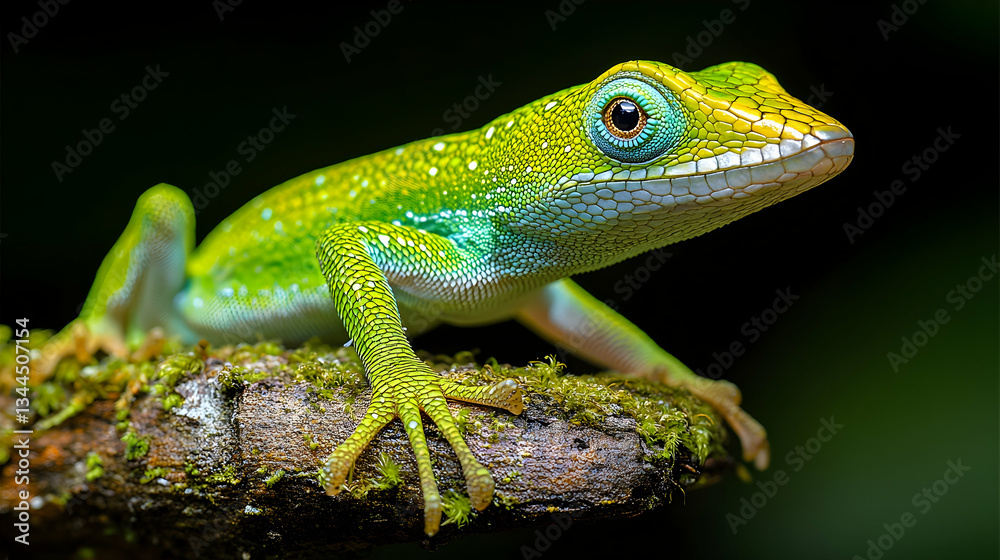 Dominant green anole clings to a mossy branch, its vibrant scales blending into the tropical foliage, showcasing mastery of camouflage
