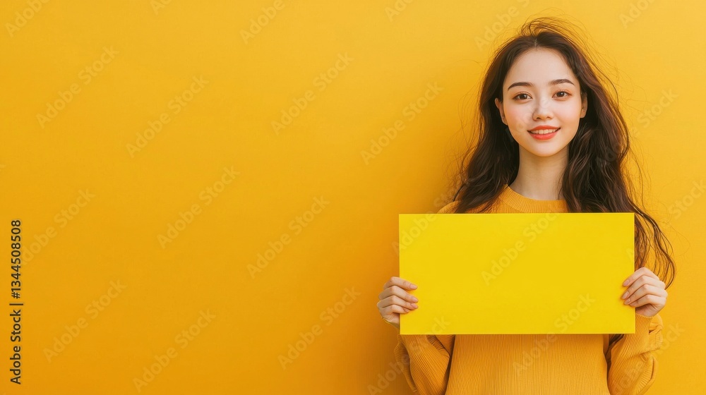 Happy young woman holding bright yellow blank sign on yellow wall Happy young woman holding bright yellow blank sign on yellow wall