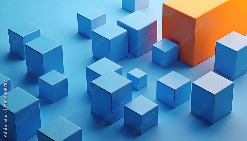 A digital art piece featuring an abstract arrangement of blue and orange cubes A digital art piece featuring an abstract arrangement of blue and orange cubes