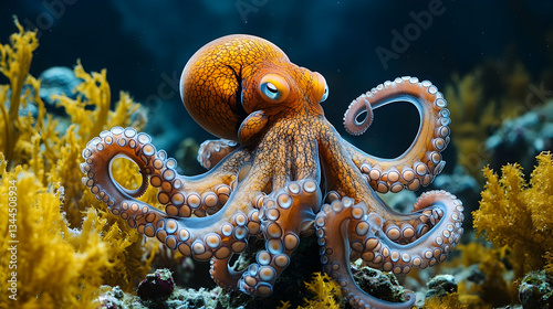 Formidable octopus camouflages against coral, its flexible body and keen intelligence making it a master of survival