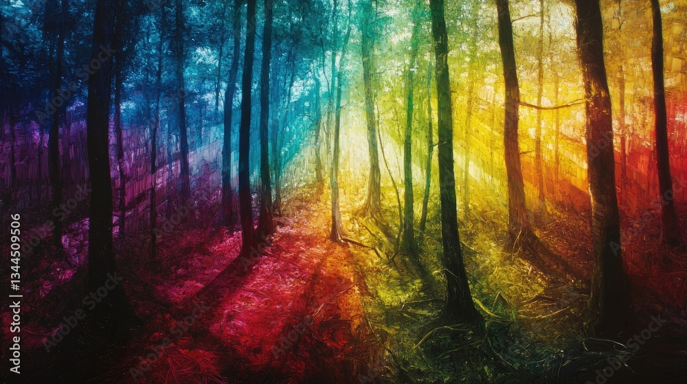 Fototapeta premium Vibrant Forest Scene with Colorful Light Rays and Trees Creating a Magical and Ethereal Atmosphere
