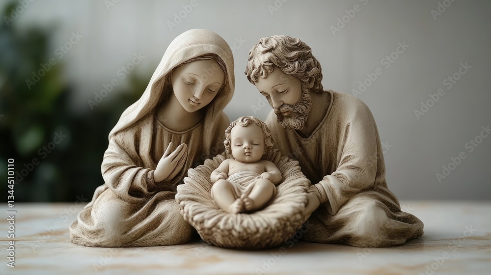 Holy Family Nativity Scene Figurine: A serene depiction of Mary, Joseph, and baby Jesus in a manger. Holy Family Nativity Scene Figurine: A serene depiction of Mary, Joseph, and baby Jesus in a manger.