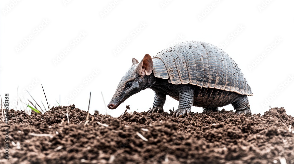 Obraz premium Small armadillo foraging in dark soil against white background.