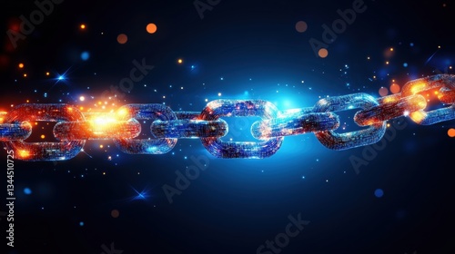 Digital Chain Link with Sparkling Lights on Dark Background