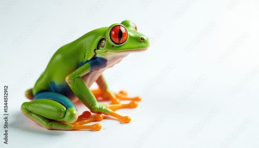 Obraz premium Green tree frog perched on white, vibrant skin, background, exotic, closeup