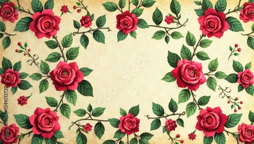 Intricate repeating rose and leaf motif on vintage wallpaper , elegant, textile, botanical