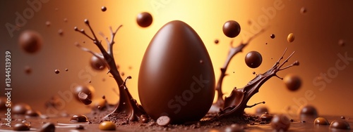 A chocolate egg is splashing out of the ground.