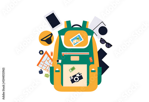 The image depicts a backpack with travel essentials scattered around it. These include a camera, a map, sunglasses, and a tablet.