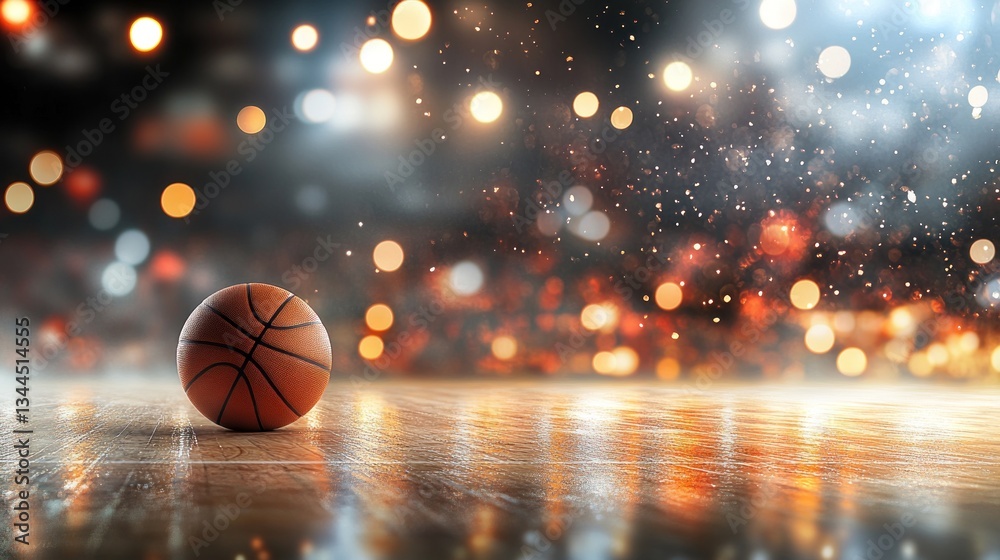 Basketball on court with bokeh lights. Basketball on court with bokeh lights.