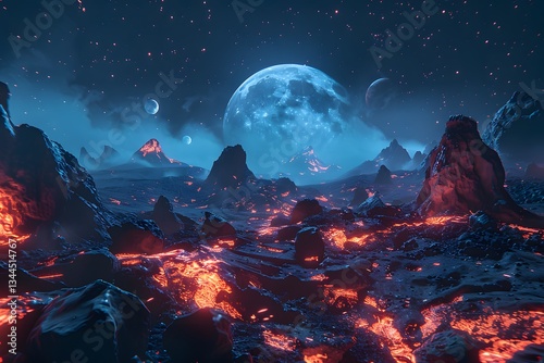 Fantasy Alien Planet Landscape with Moon, Stars, Lava and Rocks
