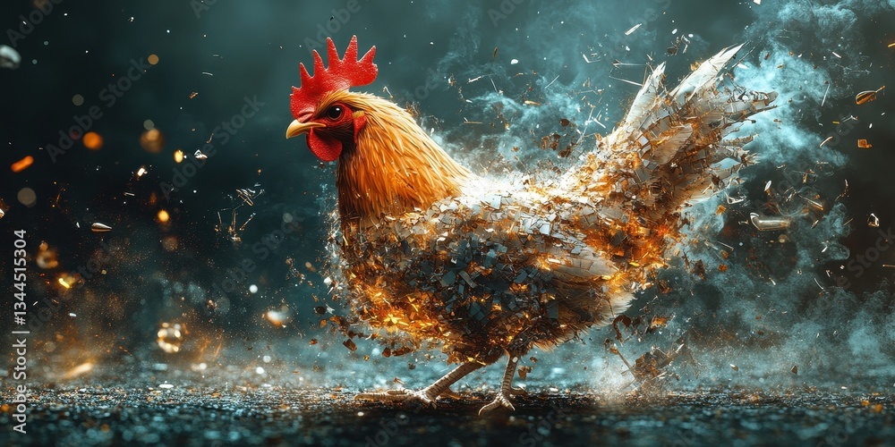 Fototapeta premium A colorful chicken is disintegrating into small fragmented particles