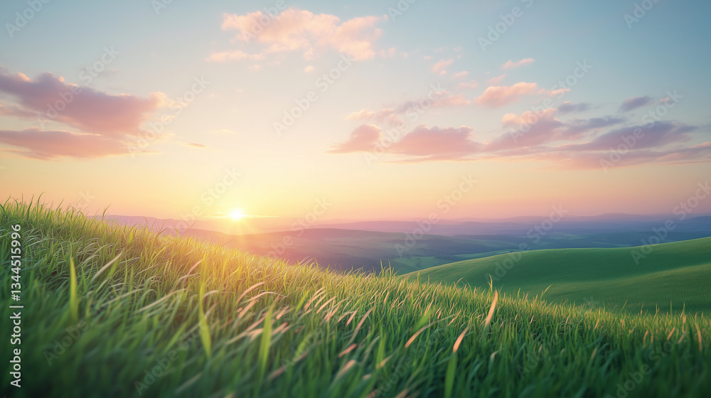 Obraz premium Serene sunset over green hills with vibrant sky 