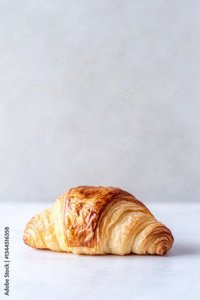 perfectly golden croissant resting on pristine white surface flaky layers inviting anticipation with ample copy space perfectly golden croissant resting on pristine white surface flaky layers inviting anticipation with ample copy space