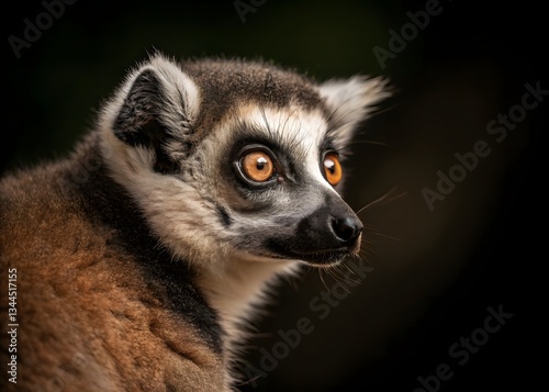 lemur face close up with big eyes with black blur background. Portrait of Ring-tailed Lemur, Lemur catta