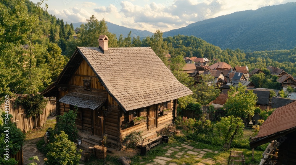 Rustic wooden cabin nestled in a mountain village, surrounded by lush greenery and majestic mountains. Rustic wooden cabin nestled in a mountain village, surrounded by lush greenery and majestic mountains.