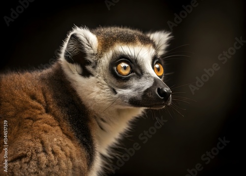 lemur face close up with big eyes with black blur background. Portrait of Ring-tailed Lemur, Lemur catta