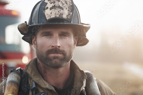 portrait of courageous firefighter wearing soot-streaked helmet and turnout gear standing confidently in front of fire
