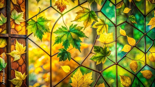 Vintage Stained Glass Window: Green & Yellow Autumn Leaves Abstract Background Stock Photo
