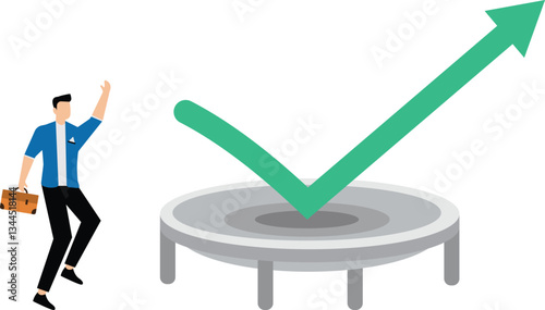 Businessman looking at Graph bounce on trampoline jump flying high