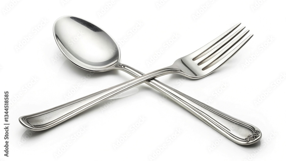 Elegant Polished Silver Spoon and Fork Crossed on White Surface - Minimalistic Dining Utensil Photography Elegant Polished Silver Spoon and Fork Crossed on White Surface - Minimalistic Dining Utensil Photography