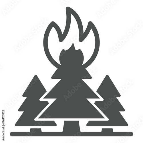 Forest trees in flames solid icon, ecology insurance concept. Vector graphics. Fireplace at forest, high risk danger sign on white background, glyph style icon for mobile or web design.