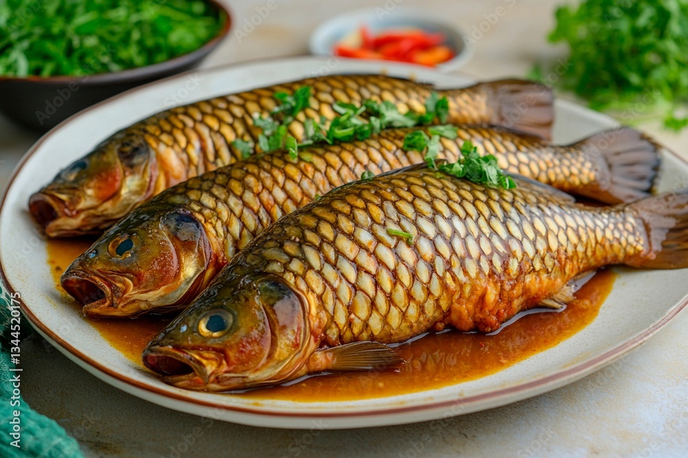 Three beautifully cooked fish are plated together, garnished with finely chopped herbs. The fish glistens with a rich sauce, complemented by vibrant green herbs Three beautifully cooked fish are plated together, garnished with finely chopped herbs. The fish glistens with a rich sauce, complemented by vibrant green herbs