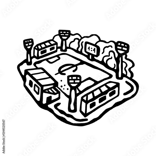 Black and white illustration of a quiet football stadium with stands on a white isolated background