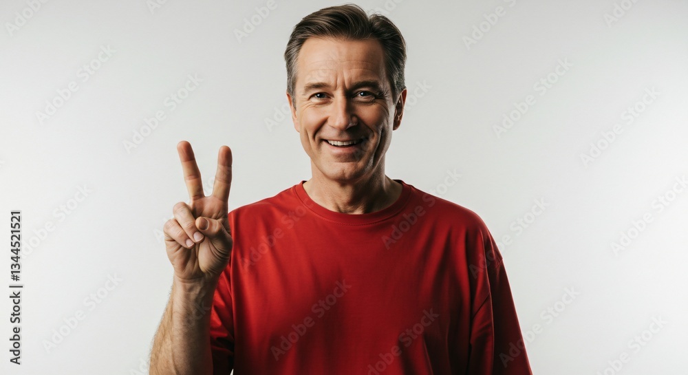 Naklejka premium Cheerful Mature Man Giving Peace Sign in Red Shirt