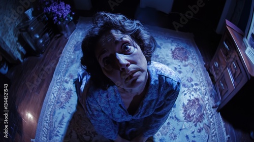 Terrified Woman Sitting on Floor in Dark Room with Dramatic Blue Lighting and Distorted Perspective