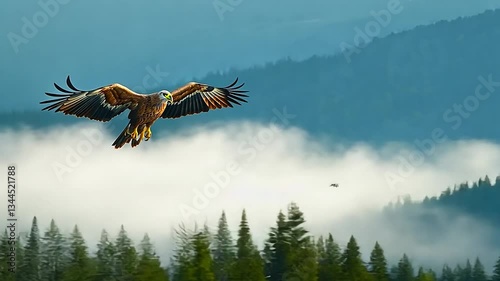 Majestic eagle soaring over misty mountains with lush forests and serene landscape below