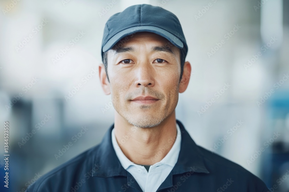 portrait of worker in factory setting displaying subtle strength and focus with blurred background portrait of worker in factory setting displaying subtle strength and focus with blurred background