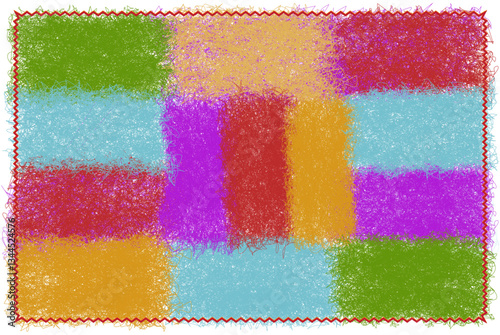  Rectangular fluffy carpet with colorful elements and wavy frame isolated on white